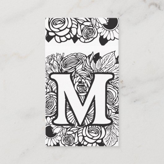 Monogrammed M Bloemen Zwart en Wit Bedrijf Logo Visitekaartje (Voorkant)