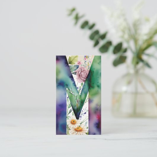 Monogrammed M Daisy Bloemen Waterverf QR Code Logo Visitekaartje (Staand voorkant)