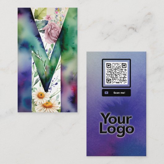Monogrammed M Daisy Bloemen Waterverf QR Code Logo Visitekaartje (Voorkant / Achterkant)