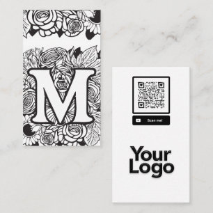 Monogrammed M Zwart-wit Bloemen QR Code Logo Visitekaartje
