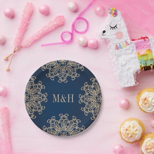 Monogrammed Marine en Gouden Indische Stijl Bruilo Papieren Bordje (Feest)