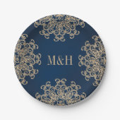 Monogrammed Marine en Gouden Indische Stijl Bruilo Papieren Bordje (Voorkant)