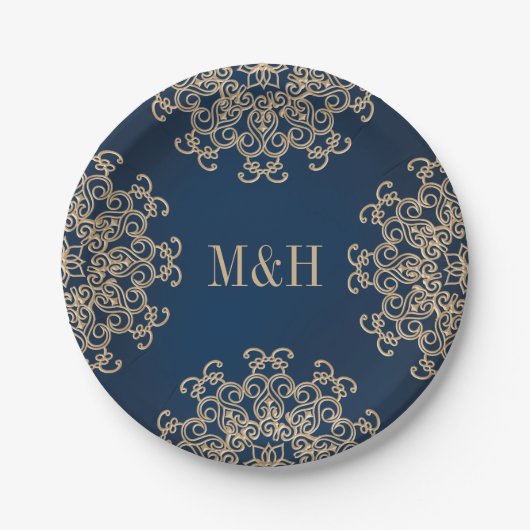 Monogrammed Marine en Gouden Indische Stijl Bruilo Papieren Bordje (Voorkant)