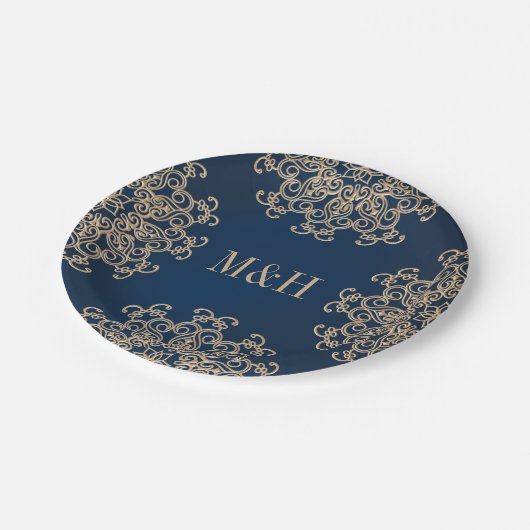 Monogrammed Marine en Gouden Indische Stijl Bruilo Papieren Bordje (Gekanteld)