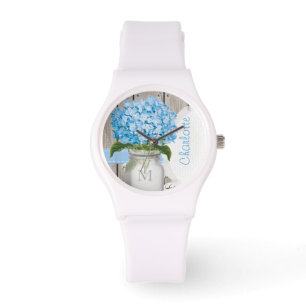 Monogrammed Mason Jar Blue Hydrangea Horloge