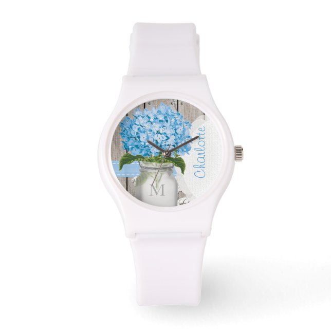 Monogrammed Mason Jar Blue Hydrangea Horloge (Voorkant)