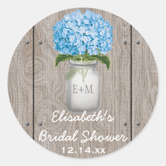 Monogrammed Mason Jar Blue Hydrangea Vrijgezellenf Ronde Sticker (Voorkant)