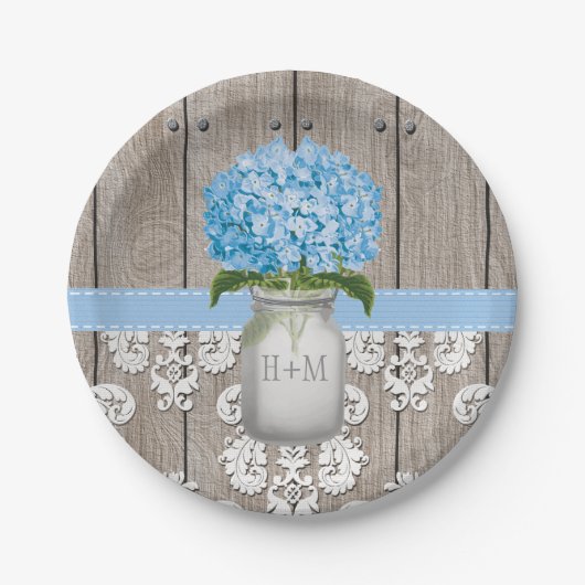 Monogrammed Mason Jar Blue Hydrangea Wedding Papieren Bordje (Voorkant)