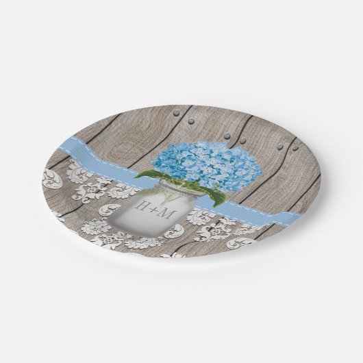 Monogrammed Mason Jar Blue Hydrangea Wedding Papieren Bordje (Gekanteld)