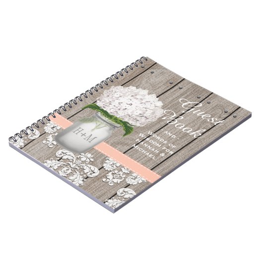 Monogrammed Mason Jar Coral Hydrangea Guest Book Notitieboek (Linkerzijde)