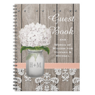 Monogrammed Mason Jar Coral Hydrangea Guest Book Notitieboek