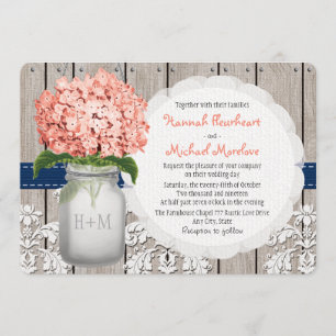 Monogrammed Mason Jar Coral Navy Hydrangea Wedding Kaart