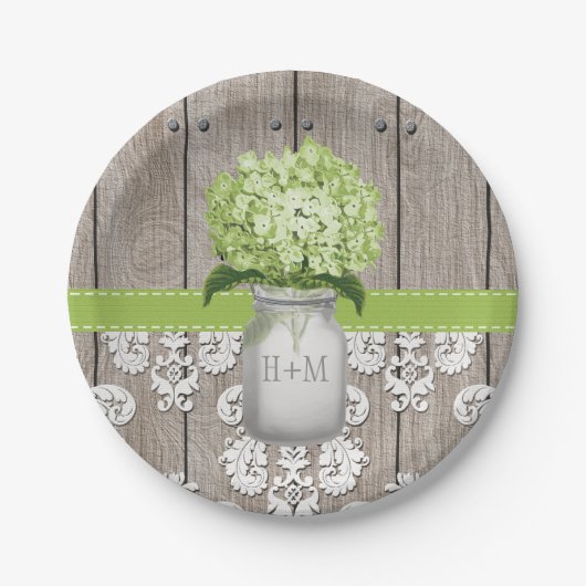 Monogrammed Mason Jar Green Hydrangea Wedding Papieren Bordje (Voorkant)