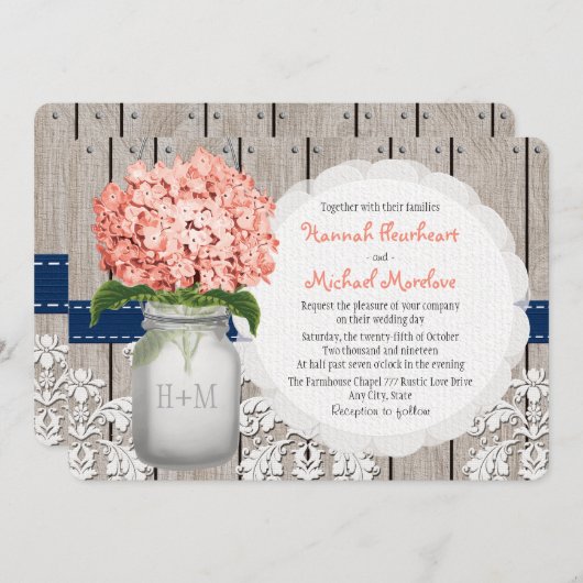Monogrammed Mason Jar Koraal Marine Hydrangea Wedd Kaart (Voorkant / Achterkant)