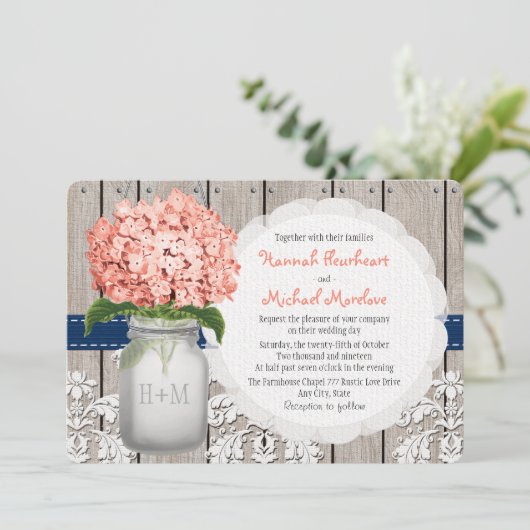 Monogrammed Mason Jar Koraal Marine Hydrangea Wedd Kaart (Staand voorkant)