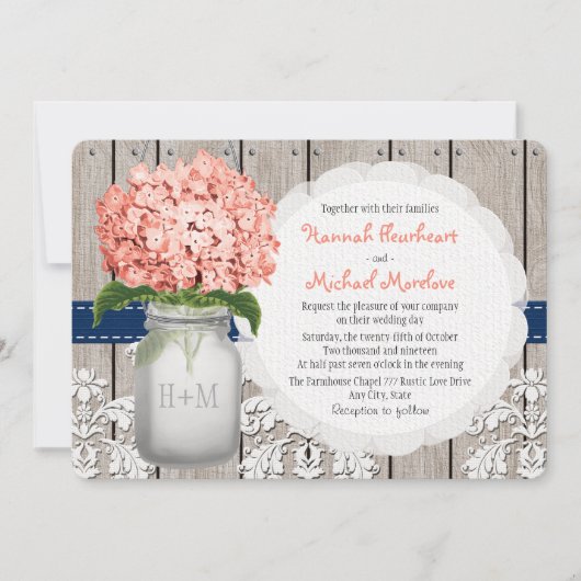 Monogrammed Mason Jar Koraal Marine Hydrangea Wedd Kaart (Voorkant)