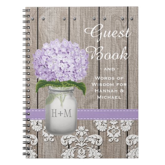 Monogrammed Mason Jar Paarse Hydrangea Guest Book Notitieboek (Voorkant)