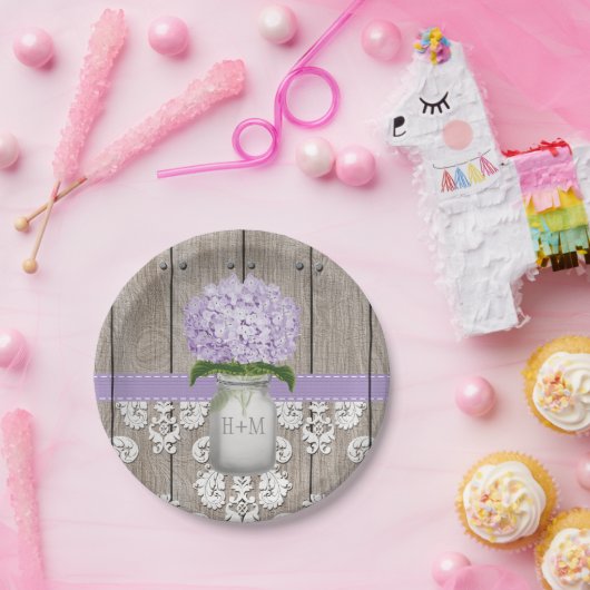 Monogrammed Mason Jar Paarse Hydrangea Wedding Papieren Bordje (Feest)