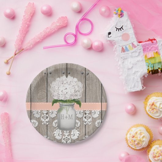 Monogrammed Mason Jar Peach Hydrangea bruiloft Papieren Bordje (Feest)