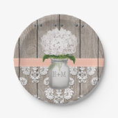 Monogrammed Mason Jar Peach Hydrangea bruiloft Papieren Bordje (Voorkant)
