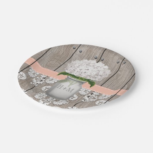 Monogrammed Mason Jar Peach Hydrangea bruiloft Papieren Bordje (Gekanteld)