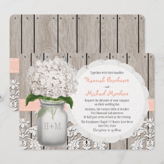 Monogrammed Mason Jar Peach Hydrangea Wedding Kaart (Voorkant / Achterkant)