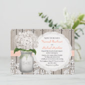 Monogrammed Mason Jar Peach Hydrangea Wedding Kaart (Staand voorkant)