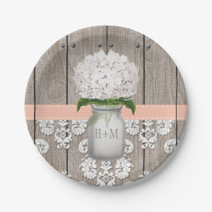 Monogrammed Mason Jar Peach Hydrangea Wedding Papieren Bordje