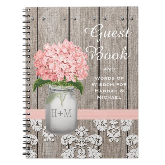 Monogrammed Mason Jar Pink Hydrangea Guest Book Notitieboek (Voorkant)