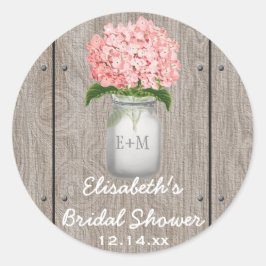 Monogrammed Mason Jar Pink Hydrangea Vrijgezellenf Ronde Sticker