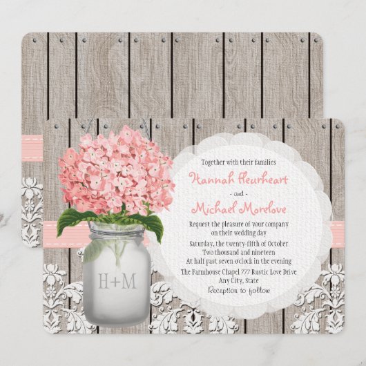 Monogrammed Mason Jar Pink Hydrangea Wedding Kaart (Voorkant / Achterkant)