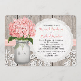 Monogrammed Mason Jar Pink Hydrangea Wedding Kaart