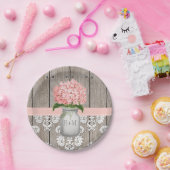 Monogrammed Mason Jar Pink Hydrangea Wedding Papieren Bordje (Feest)