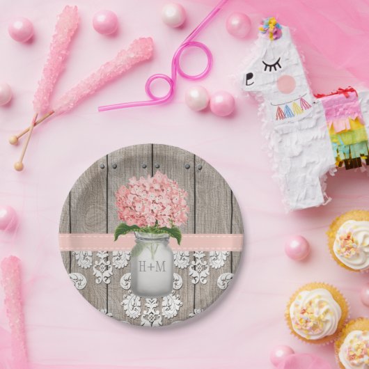 Monogrammed Mason Jar Pink Hydrangea Wedding Papieren Bordje (Feest)