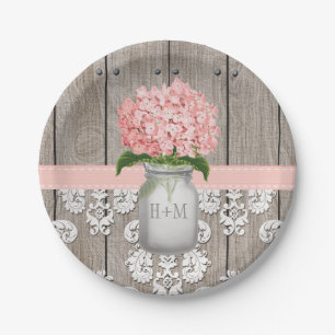 Monogrammed Mason Jar Pink Hydrangea Wedding Papieren Bordje