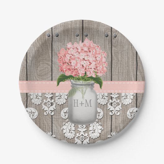Monogrammed Mason Jar Pink Hydrangea Wedding Papieren Bordje (Voorkant)
