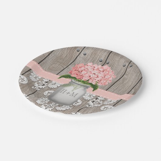 Monogrammed Mason Jar Pink Hydrangea Wedding Papieren Bordje (Gekanteld)