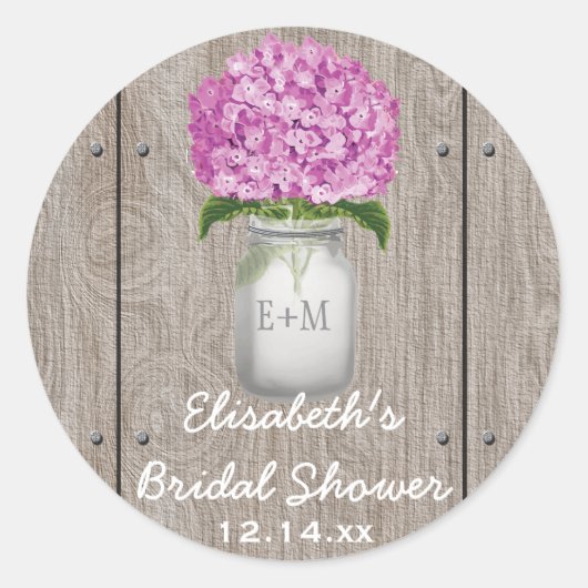Monogrammed Mason Jar Plum Hydrangea Vrijgezellenf Ronde Sticker (Voorkant)