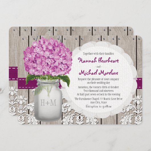 Monogrammed Mason Jar Plum Hydrangea Wedding Kaart (Voorkant / Achterkant)