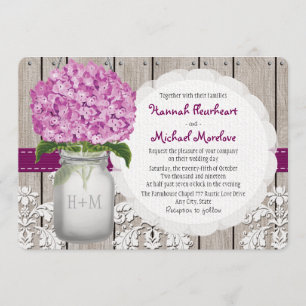 Monogrammed Mason Jar Plum Hydrangea Wedding Kaart