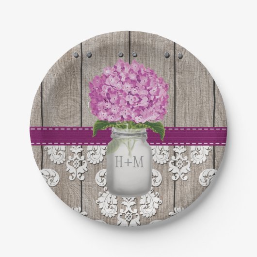 Monogrammed Mason Jar Plum Hydrangea Wedding Papieren Bordje (Voorkant)