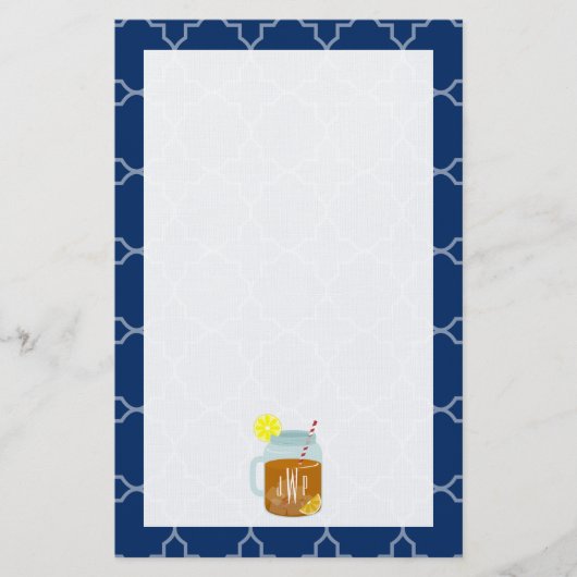 Monogrammed Mason Jar Sweet Tea - Navy Quatrefoil Briefpapier (Voorkant)