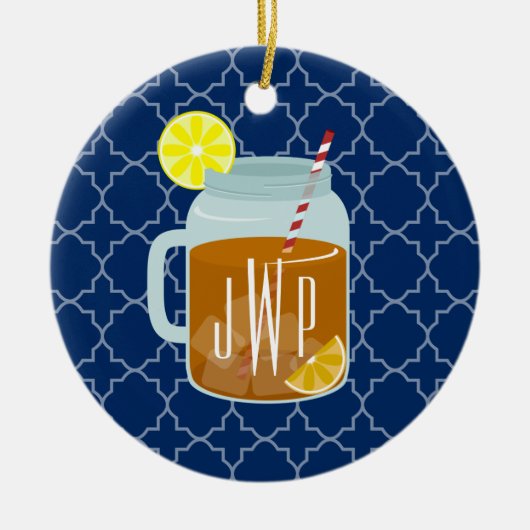 Monogrammed Mason Jar Sweet Tea - Navy Quatrefoil Keramisch Ornament (Voorkant)