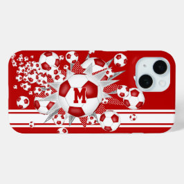 Monogrammed meisjes voetbal blowout rood iPhone 15 case