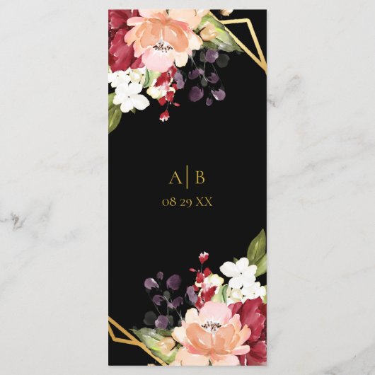 Monogrammed Menu Zwart Goud Bloemen Bruiloft (Achterkant)