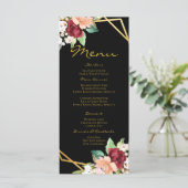 Monogrammed Menu Zwart Goud Bloemen Bruiloft (Staand voorkant)