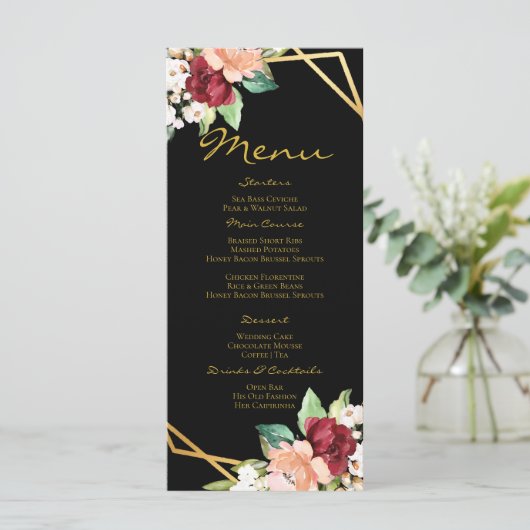 Monogrammed Menu Zwart Goud Bloemen Bruiloft (Staand voorkant)