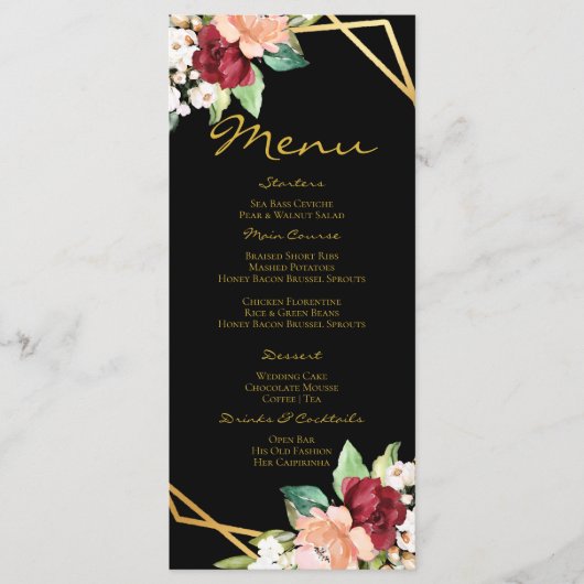 Monogrammed Menu Zwart Goud Bloemen Bruiloft (Voorkant)