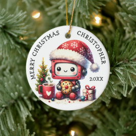 Monogrammed Merry Christmas Schattige Robot Keramisch Ornament