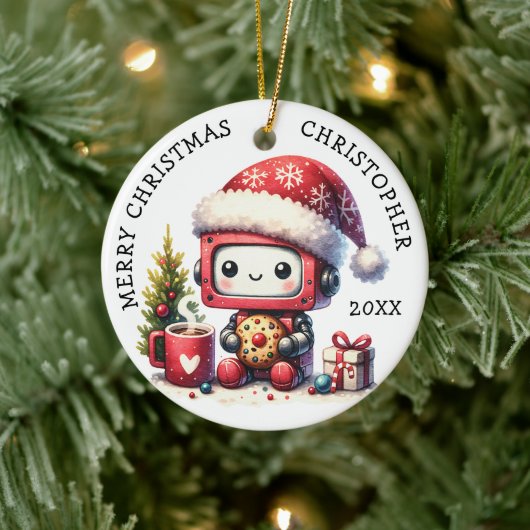 Monogrammed Merry Christmas Schattige Robot Keramisch Ornament (Boom)